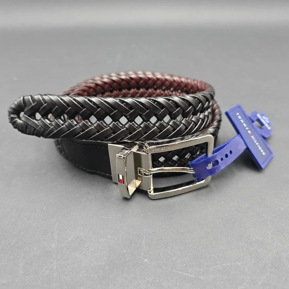 Tommy Hilfiger Mens Reversible Woven Belt Black Brown Leather Trim 11TL040002 SM
